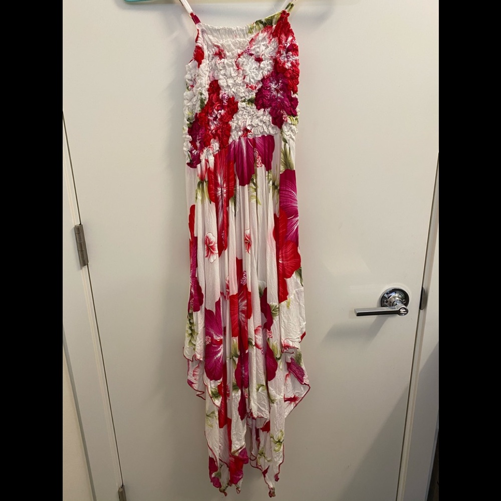 Red and pink floral midi dress